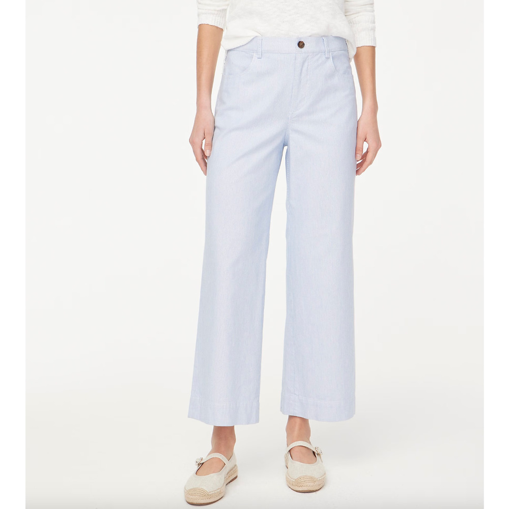 J.Crew Striped High Rise Wide Leg Cropped Pant Blue White Retro Preppy US 34 NWT